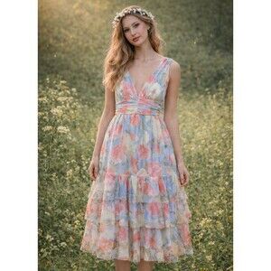 Lulus NWT Tulle Mesh Midi Dress Women XS Blue Floral Tiered Flowy Cottage Fairy